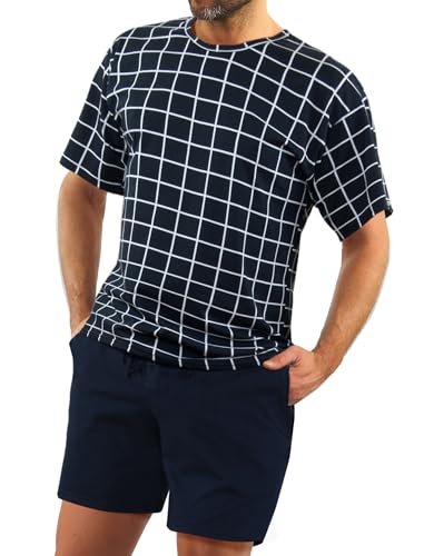 sesto senso Schlafanzug Herren Kurz Kariert Blau Baumwolle Pyjama Sommer Kurzarm XXL 2485-02 von sesto senso