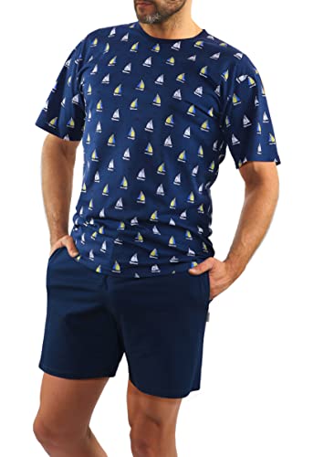 sesto senso Sommerpyjamas Herren Kurz Schlafanzug Baumwolle Pyjama Kurzarm Kurze Hose Zweiteilig Set Segelboot Dunkelblau L 2556/10 von sesto senso