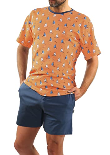 sesto senso Sommerpyjamas Herren Kurz Schlafanzug Baumwolle Pyjama Kurzarm Kurze Hose Zweiteilig Set Segelboot Orange Denim 4XL 2556/08 von sesto senso