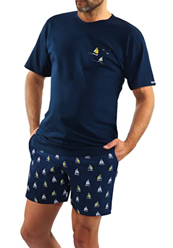 sesto senso Sommerpyjamas Herren Kurz Schlafanzug Baumwolle Soccer Pyjama Kurzarm Kurze Hose Zweiteilig Set Segelboot Dunkelblau 4XL 2556/10 DRUK von sesto senso