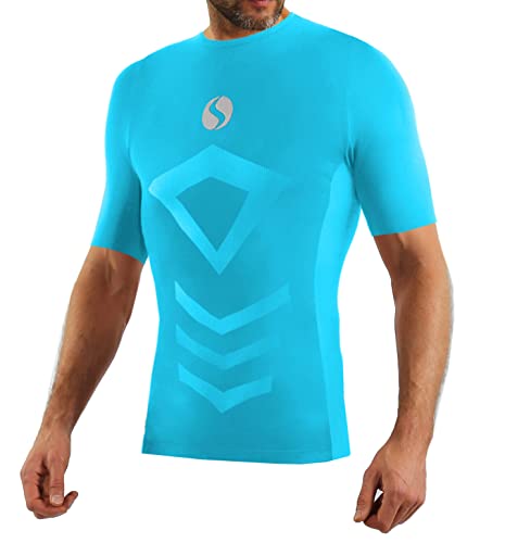 sesto senso Sportunterhemden Herren Kurzarm Thermounterhemd Kompressionsshirt Unterziehshirt L/XL hellblau Türkis Blue von sesto senso