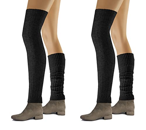 sesto senso Stulpen Damen 2er pack Baumwolle Beinwärmer Overknee Waden Winter Strick Wadenwärmer zopfmuster 2 Schwarz von sesto senso