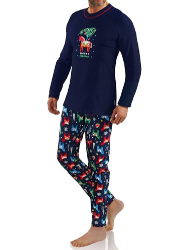 sesto senso Weihnachtsschlafanzuge Herren weihnachtspyjama Schlafanzug Lang Baumwolle Bündchen Langarm Shirt Zweiteilig Set Nachtwäsche XL Pferd Dunkelblau 2643/01 von sesto senso
