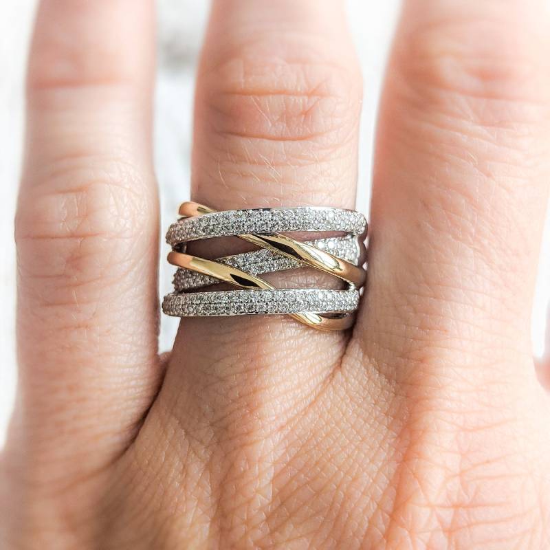 Zweifarbiger Diamant Crossover Ring - 14K, 18K Gelb-, Rosé-, Weißgold Oder Platin. Auf Bestellung in Nyc Hergestellt. Vollständig Anpassbar von sevgijewelry