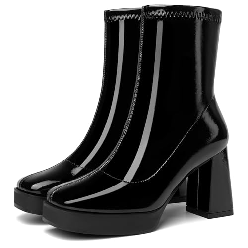 sexrosly GoGo-Stiefel für Damen, Plateau-Stiefel, quadratischer Zehenbereich, klobige High Heels, seitlicher Reißverschluss, wadenhoch, kurze Stiefel, Schwarzes Lack-PU-1, 39 EU von sexrosly