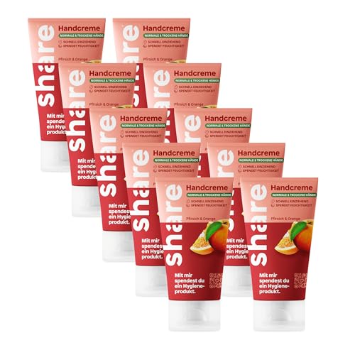 share Handcreme Pfirsich & Orange 10x75ml | Vegane, schnell einziehende Feuchtigkeitspflege | Spendet ein Hygieneprodukt | Handlotion von share