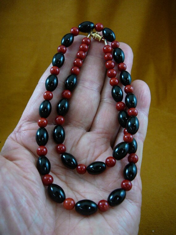 18 Zoll Langen 6 Mm Rot Bambus Korallen Mit Schwarzem Onyx Perlen Halskette Schmuck V30-141 von sharkman123