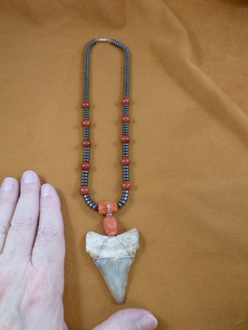 2-1/4 Zoll Fossilen Megalodon Hai Zahn Zähne Kette Schwarz Hämatit Und Rote Schaumkoralle Perlen Gold Verdrahtet S260-42 von sharkman123