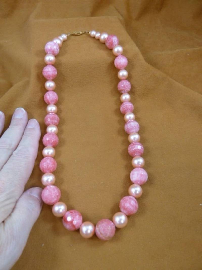 20 Zoll Lang Facettierte Rosa Rhodochrosit Edelstein + Runde Glasperlen Rosa Perlen Halskette Sicherheit Verschluss Perlenschmuck V465-5 von sharkman123