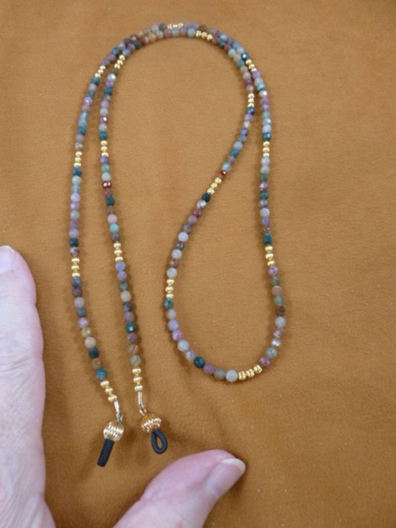 Bunte Rosa Grün Tan Orange Achat Edelstein + Gold Ton Messing Perlen 34" Lange Brilleleine Halter Halskette E99-22 von sharkman123