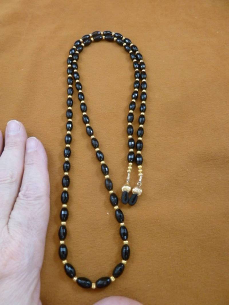 Facettierte Schwarze Onyx + Gold Messing Perlen 34" Lange Brilleleine Halter Halskette Kette E99-13 von sharkman123