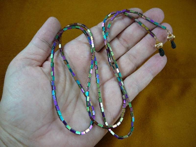 Lila Grün Regenbogen Hämatit Rechteck Edelstein 33" Brillen-Perlen Leine Halter Halskette Langkette E99-7 von sharkman123