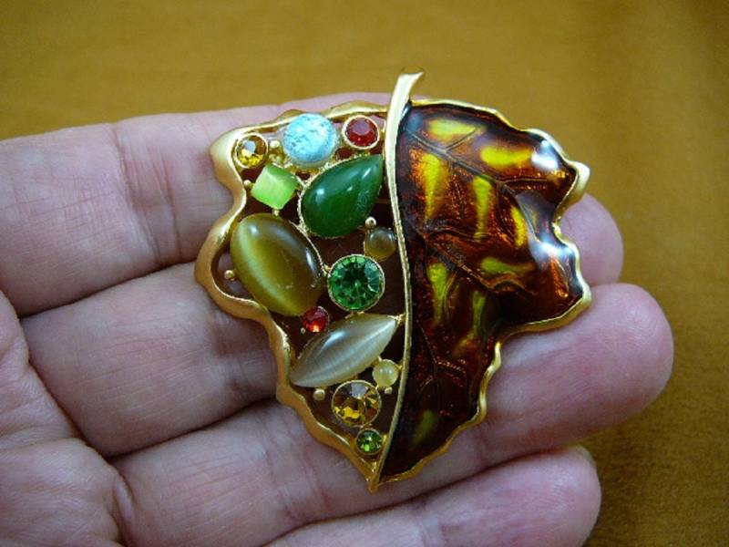 Vintage Art-Deco-Abstrakte Blatt-Design, Dass Kristall Achat Jade Tigerauge Stein Gold-Ton Anstecknadel Brosche Designer Akzentuiert Unterzeichnet von sharkman123