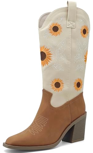 sharllen Cowboy Stiefel Für Frauen Mid Calf Western Stiefel Cowgirl Pull-On Tabs Spitzige Toe Stiefel Arbeit Stiefel Chunky Heel Pull On Knie High Stiefel von sharllen