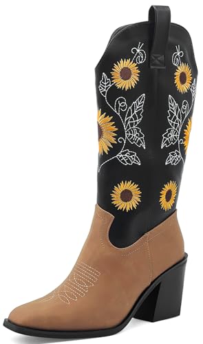 sharllen Cowboy Stiefel Für Frauen Mid Calf Western Stiefel Cowgirl Pull-On Tabs Spitzige Toe Stiefel Arbeit Stiefel Chunky Heel Pull On Knie High Stiefel von sharllen