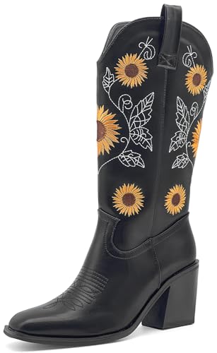 sharllen Cowboy Stiefel Für Frauen Mid Calf Western Stiefel Cowgirl Pull-On Tabs Spitzige Toe Stiefel Arbeit Stiefel Chunky Heel Pull On Knie High Stiefel von sharllen