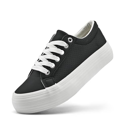 sharllen Damen Plateau Sneaker Leder Low Top Turnschuhe Dicken Sohlen Sportschuhe Freizeitschuhe(Black with Holes 275) von sharllen