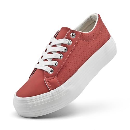 sharllen Damen Plateau Sneaker Leder Low Top Turnschuhe Dicken Sohlen Sportschuhe Freizeitschuhe(Dark Pink with Holes 255) von sharllen