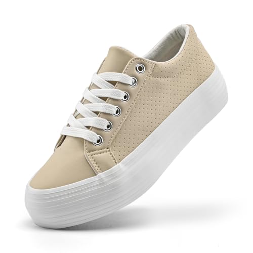 sharllen Damen Plateau Sneaker Leder Low Top Turnschuhe Dicken Sohlen Sportschuhe Freizeitschuhe(Khaki with Holes 265) von sharllen