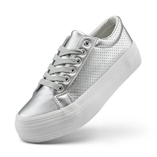 sharllen Damen Plateau Sneaker Leder Low Top Turnschuhe Dicken Sohlen Sportschuhe Freizeitschuhe(Silver with Holes 235) von sharllen