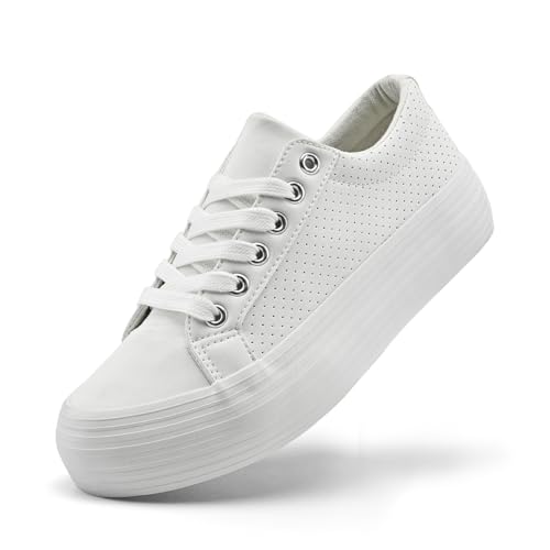 sharllen Damen Plateau Sneaker Leder Low Top Turnschuhe Dicken Sohlen Sportschuhe Freizeitschuhe(White with Holes 255) von sharllen