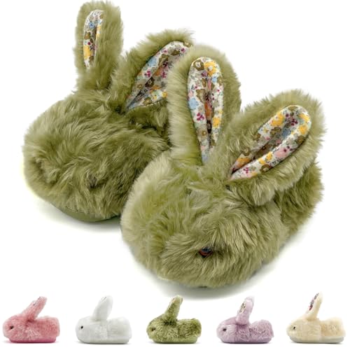 Sharllen Plüsch Hasen Pantoffeln für Kinder Mädchen - Kleinkind Tiere Winter Wärme Hausschuhe Kuschel Häschen Rutschfest (Green 29.5/31) von sharllen