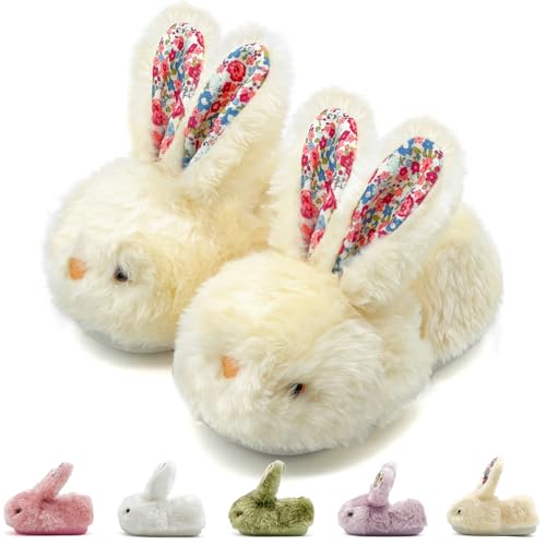 Sharllen Plüsch Hasen Pantoffeln für Kinder Mädchen - Kleinkind Tiere Winter Wärme Hausschuhe Kuschel Häschen Rutschfest (Beige 28/29.5) von sharllen