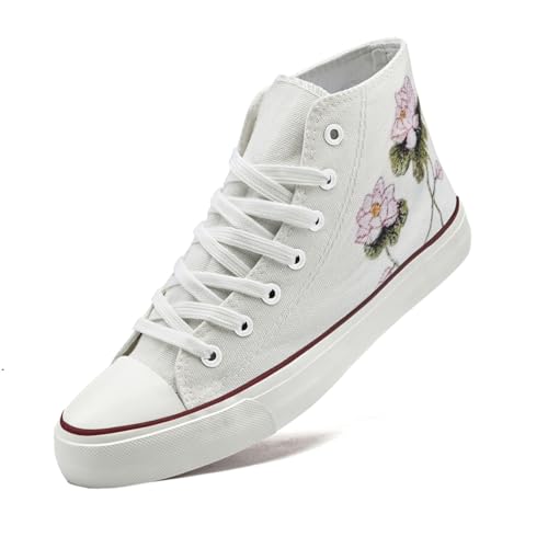 sharllen High Top Sneakers Damen Canvas Stoffschuhe Damen Atmungsaktive Turnschuhe Freizeit Leicht Stoff Schuhe Leinenschuhe Segeltuchschuhe(Lotus Print 270) von sharllen
