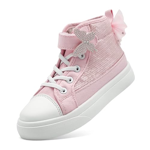 sharllen Kinder Turnschuhe Mädchen High-Top Glitzer Canvas Sneakers Bogenknoten Segeltuchschuhe Sportschuhe Kleinkinder Freizeitschuhe Leinwand Schuhe mit Verstellbare Riemen(Pink 200) von sharllen