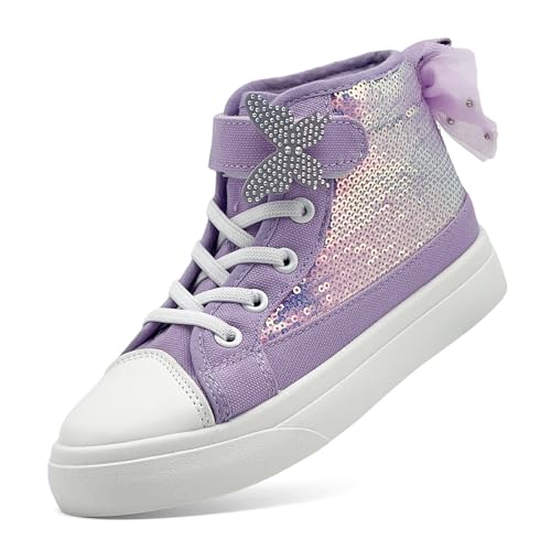 sharllen Kinder Turnschuhe Mädchen High-Top Glitzer Canvas Sneakers Bogenknoten Segeltuchschuhe Sportschuhe Kleinkinder Freizeitschuhe Leinwand Schuhe mit Verstellbare Riemen(Purple 220) von sharllen