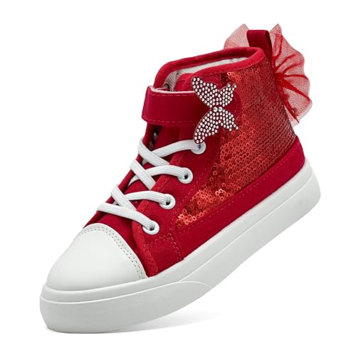 sharllen Kinder Turnschuhe Mädchen High-Top Glitzer Canvas Sneakers Bogenknoten Segeltuchschuhe Sportschuhe Kleinkinder Freizeitschuhe Leinwand Schuhe mit Verstellbare Riemen(Red 213) von sharllen