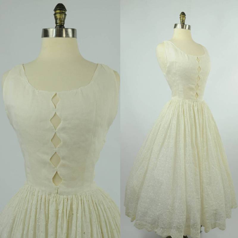 1950Er Jahre Leinen Kleid Ausschnitt Mieder Spitzenrock Xs von sheandhervintage
