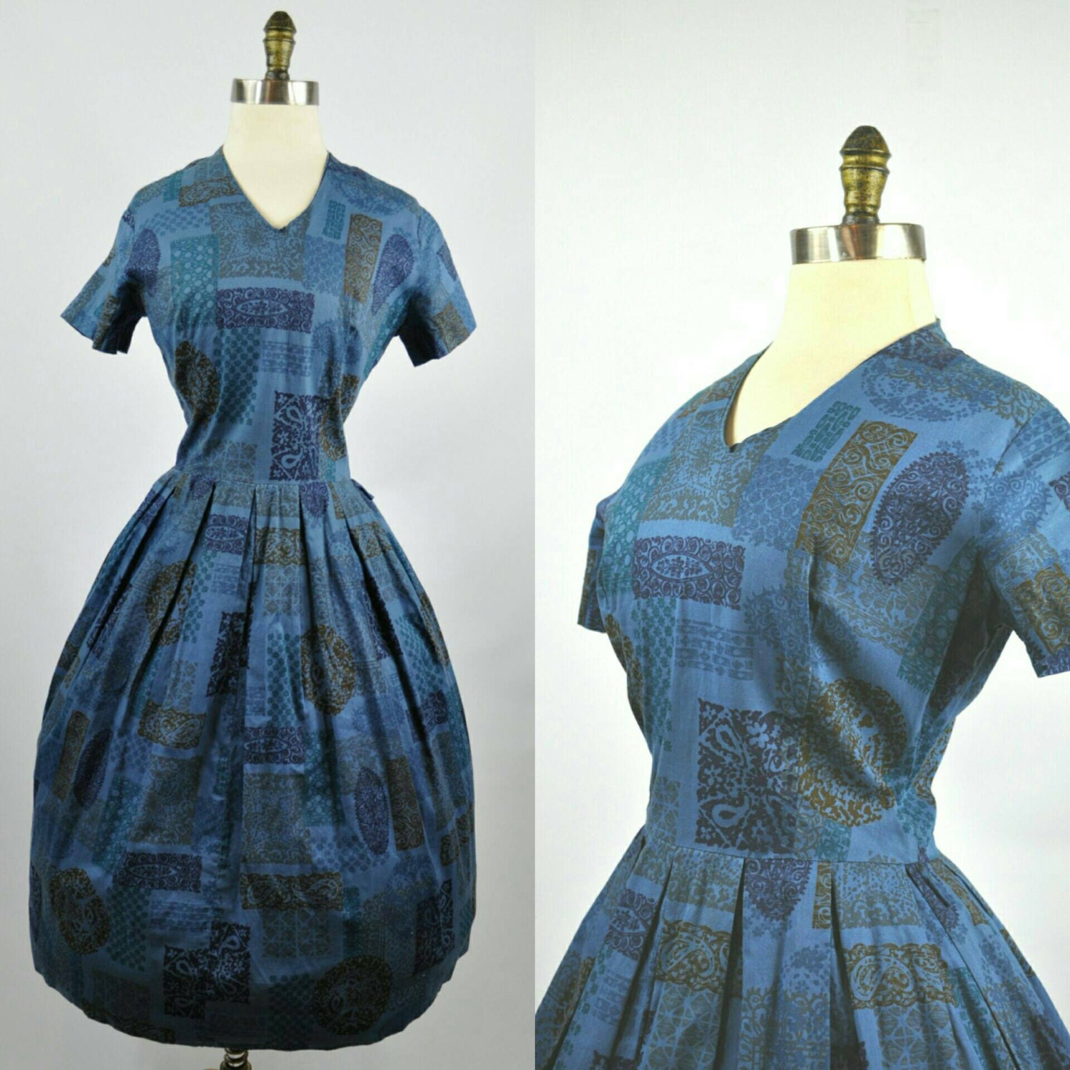 50Er Jahre Tag Kleid Navy Blau Neuheit Druck S 50Er Jahre Tag Kleid Navy Blau Neuheit Druck S von sheandhervintage