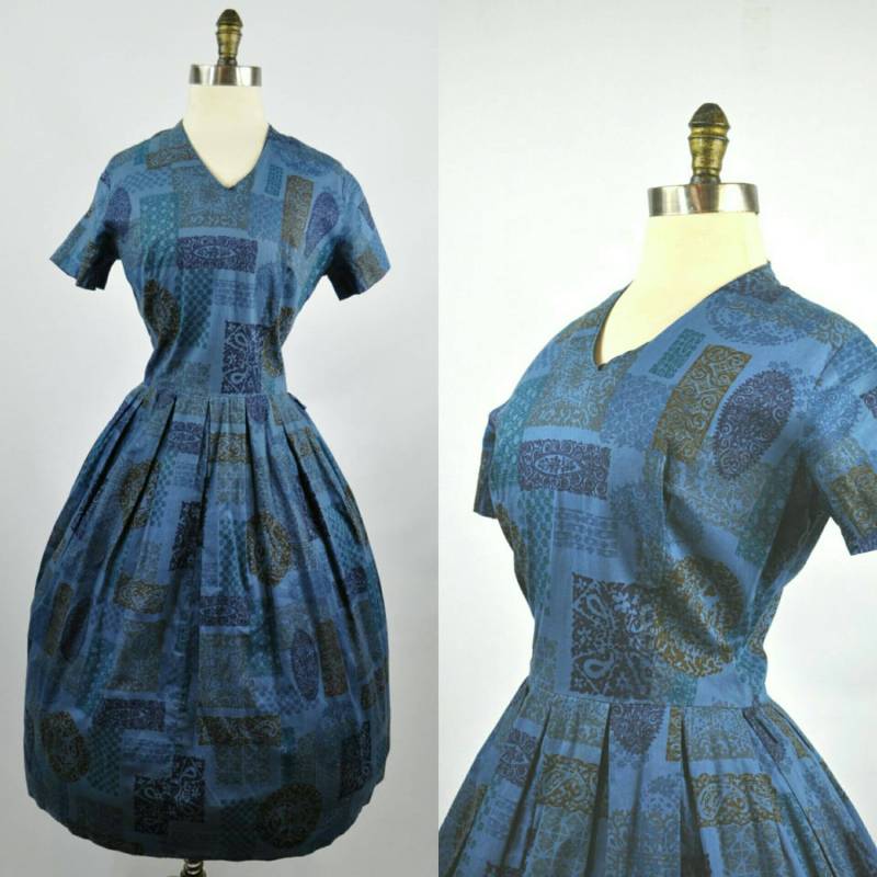 50Er Jahre Tag Kleid Navy Blau Neuheit Druck S 50Er Jahre Tag Kleid Navy Blau Neuheit Druck S von sheandhervintage