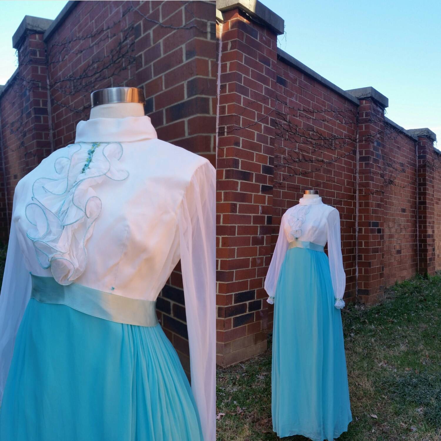 60Er Jahre Maxi-Kleid Weiß Und Türkis Blau S/M 60Er Jahre Maxi-Kleid Weiß Und Türkis Blau S/M von sheandhervintage