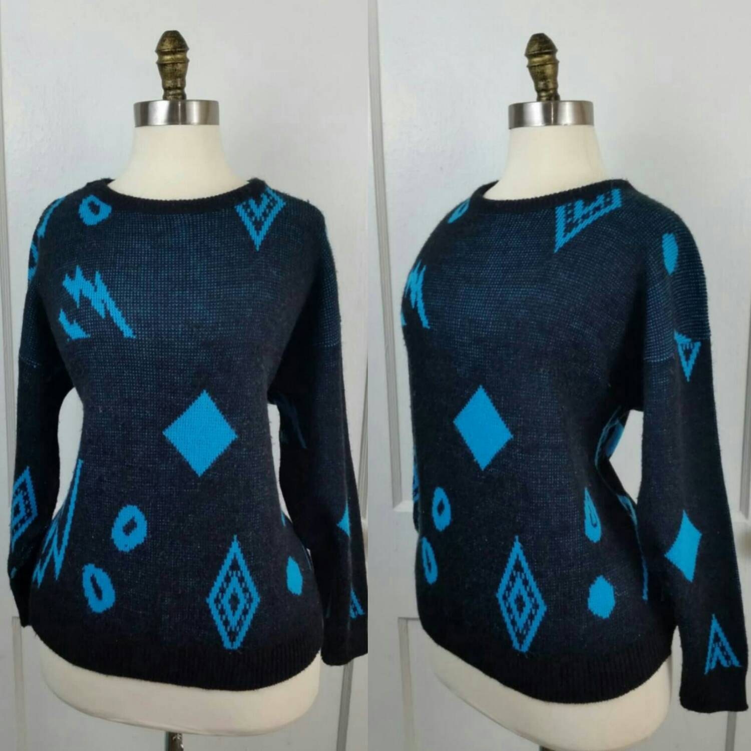 80Er Jahre Schwarzer Pullover Mit Türkis Abstrakte Muster M/L 80Er Jahre Schwarzer Pullover Mit Türkis Abstrakte Muster M/L von sheandhervintage