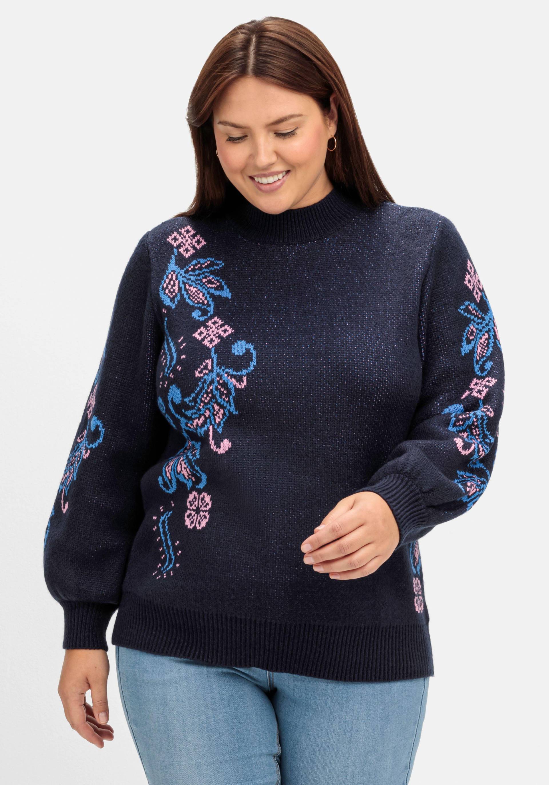 Große Größen: Pullover mit floralem Jacquardmuster, blau, Gr.40/42-56/58 von sheego by Joe Browns