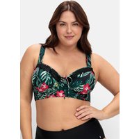 Große Größen: Bikini-Oberteil mit Volants und Tropical Print, schwarz bedruckt, Gr.40B-58F von sheego