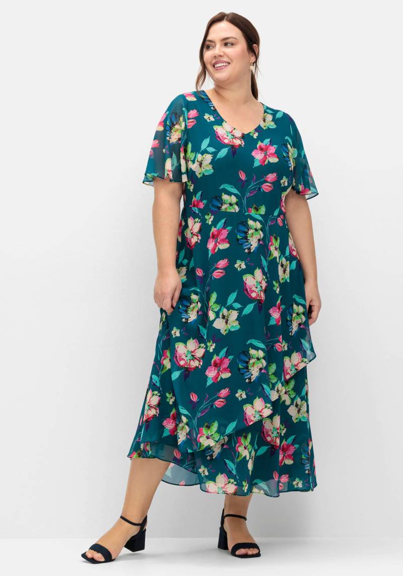 Große Größen: Chiffonkleid mit Blumenprint und Unterkleid, dunkelpetrol gemustert, Gr.40-58 von sheego