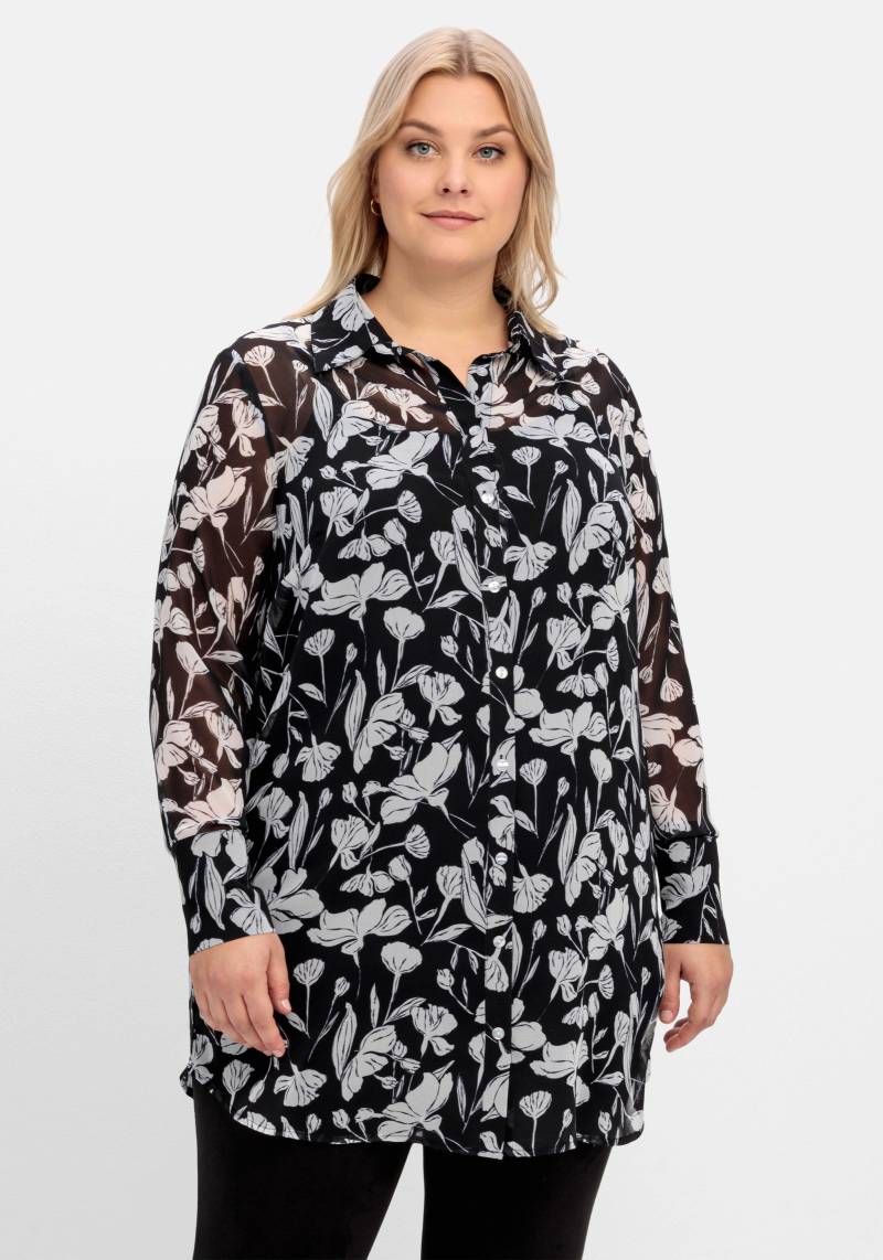 Große Größen: Floral bedruckte Chiffonbluse mit Unterziehtop, schwarz-weiß gemustert, Gr.40-60 von sheego