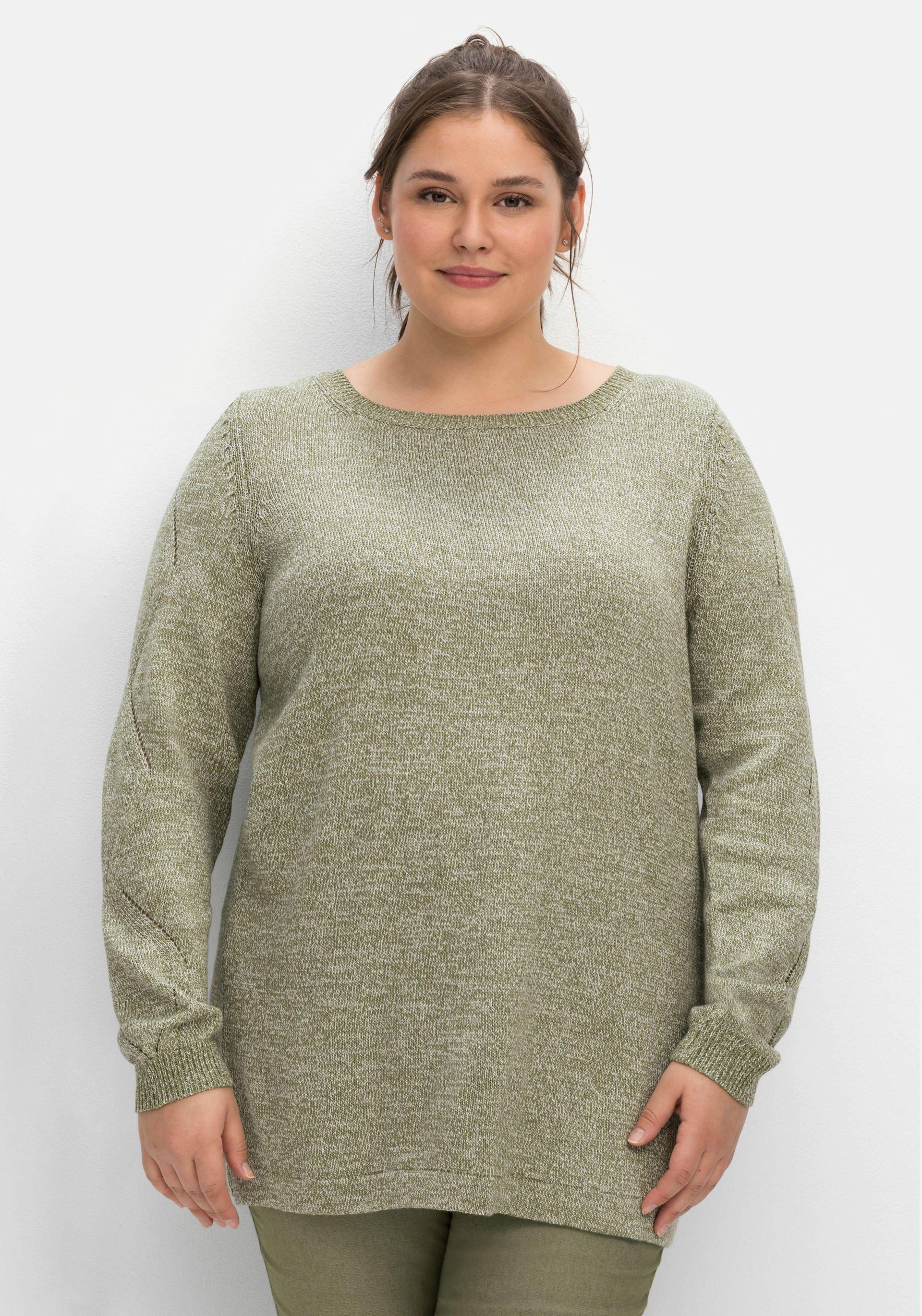 Große Größen: Melierter Pullover mit Ajourmuster am Ärmel, hellkhaki meliert, Gr.40/42-56/58 von sheego