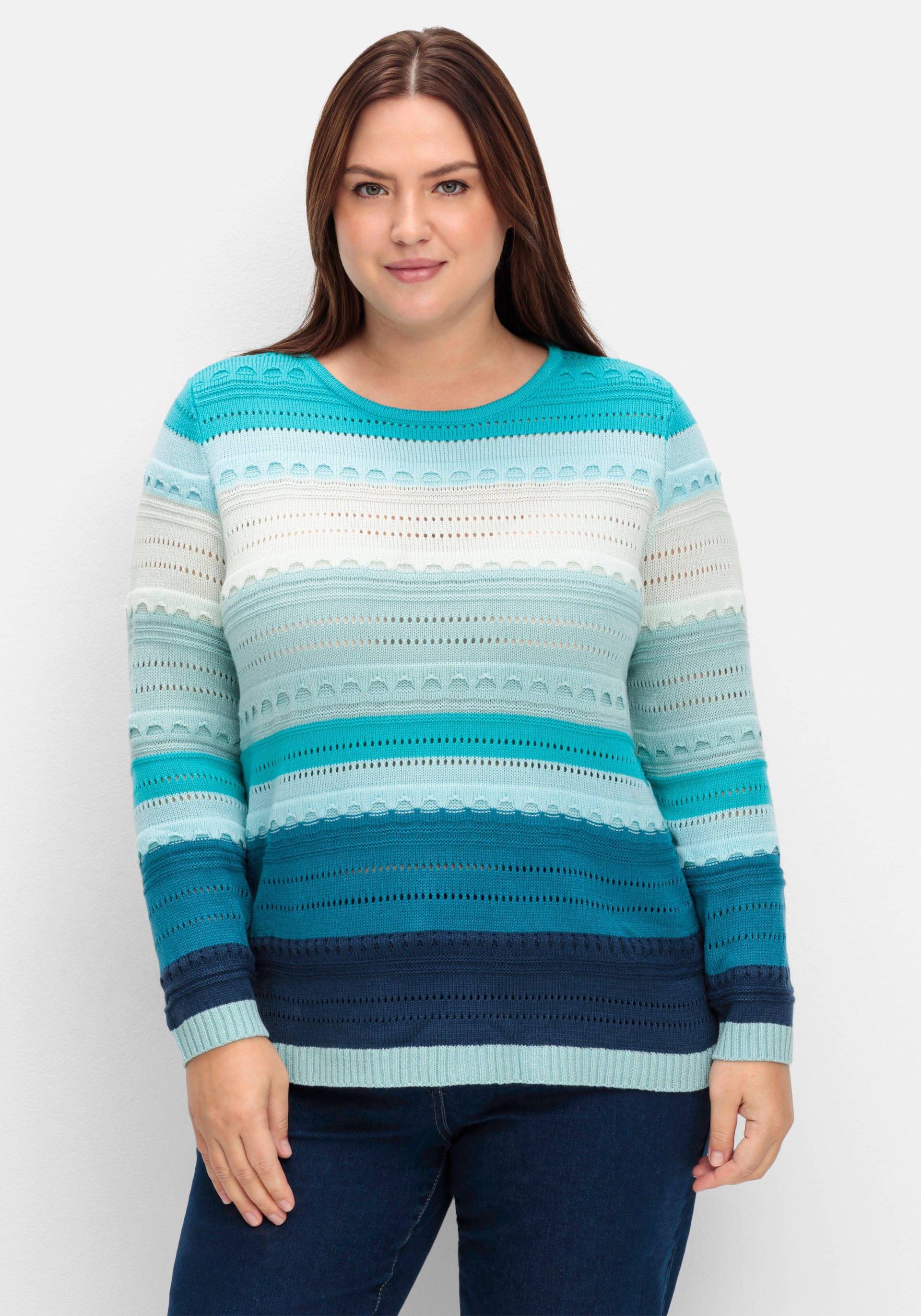 Große Größen: Pullover im Colorblocking und Ajourstrickmuster, mint gestreift, Gr.40-56 von sheego