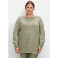 Große Größen: Melierter Pullover mit Ajourmuster am Ärmel, hellkhaki meliert, Gr.40/42-56/58 von sheego