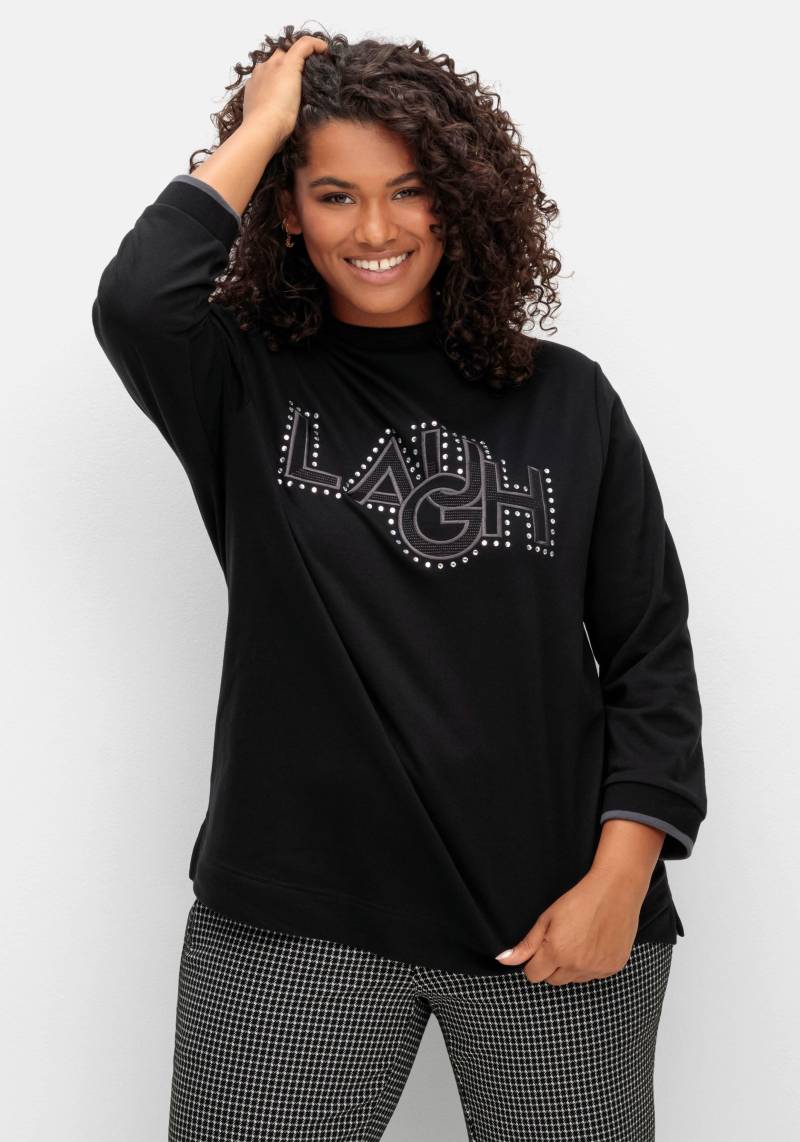 Große Größen: Sweatshirt mit Wording-Stickerei und Glitzersteinen, schwarz, Gr.40/42-56/58 von sheego