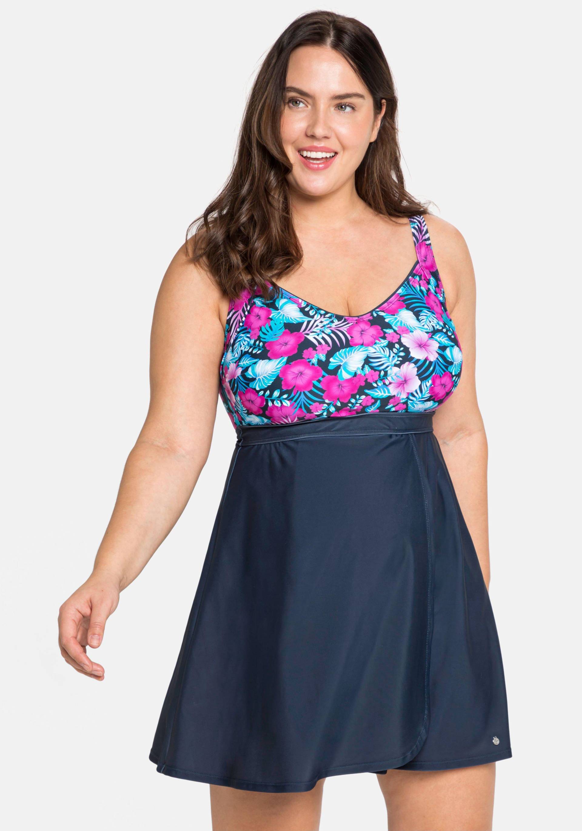 Große Größen: Tankini-Oberteil in ausgestellter Longform, blau-pink, Gr.40B-58F von sheego