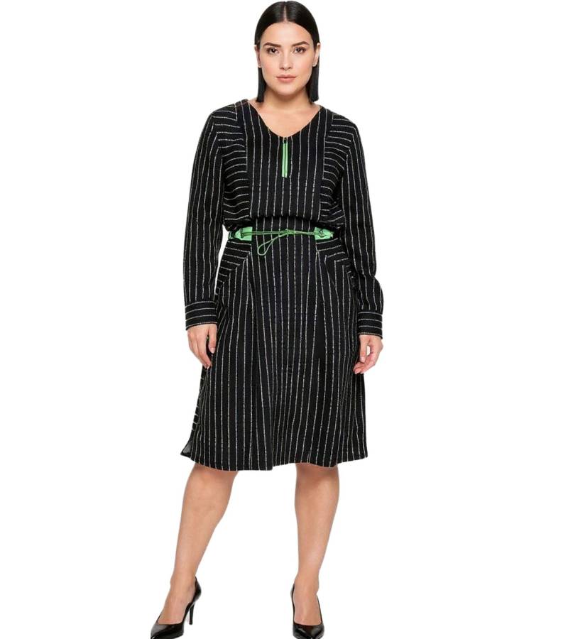 sheego Damen Sommer-Kleid knielanges Kleid mit Eingrifftaschen Große Größen Langarm 89135290 Schwarz von sheego
