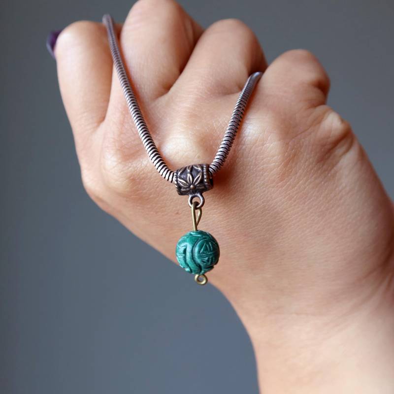 Malachit-Halskette, Die Echte Grüne Edelstein-Antike Kupferkette Schnitzt von sheilasatin