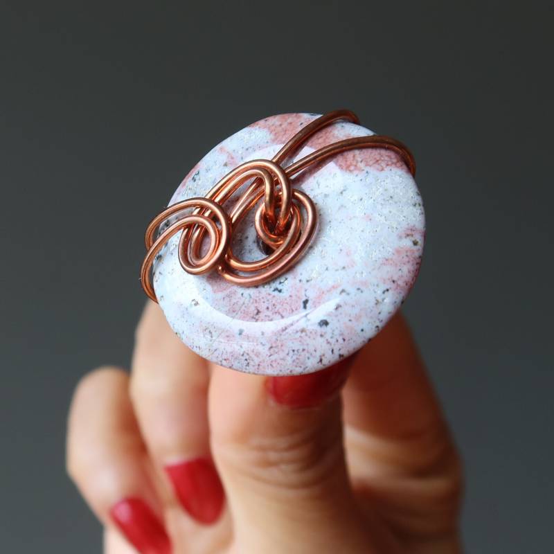 Rosa Jaspis Ring Weiß Besprenkelt Donut Kristall-Kupfer-Draht von sheilasatin