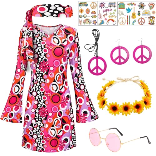 70S Hippie Kleid, Damen Hippie Kostüm 60S 70S Hippie Kleidung Hippie Zubehör, Damen Disco Outfit Kostüm 70S Mode Damen Fancy Dress Kostüme für Karneval Themen Party von shengo