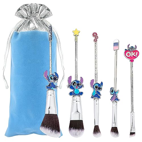 Make-up-Pinsel-Set mit Aufbewahrungstasche, tragbares Make-up-Pinsel-Set, blaues Stichthema, Kosmetikpinsel für Puder, Lidschatten, Rouge, Lippen, Kawaii-Stich, Geschenke für Mädchen und Frauen, von shengo